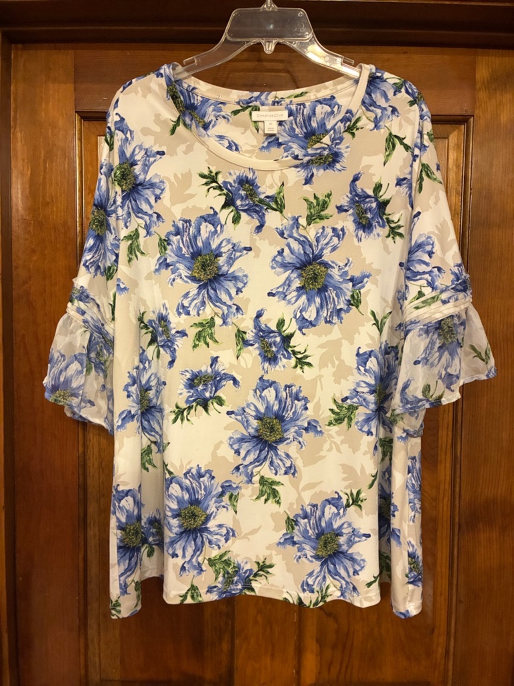 2X Charter Club Blue Floral Stretch Blouse with Sheer Ruffle Sleeves